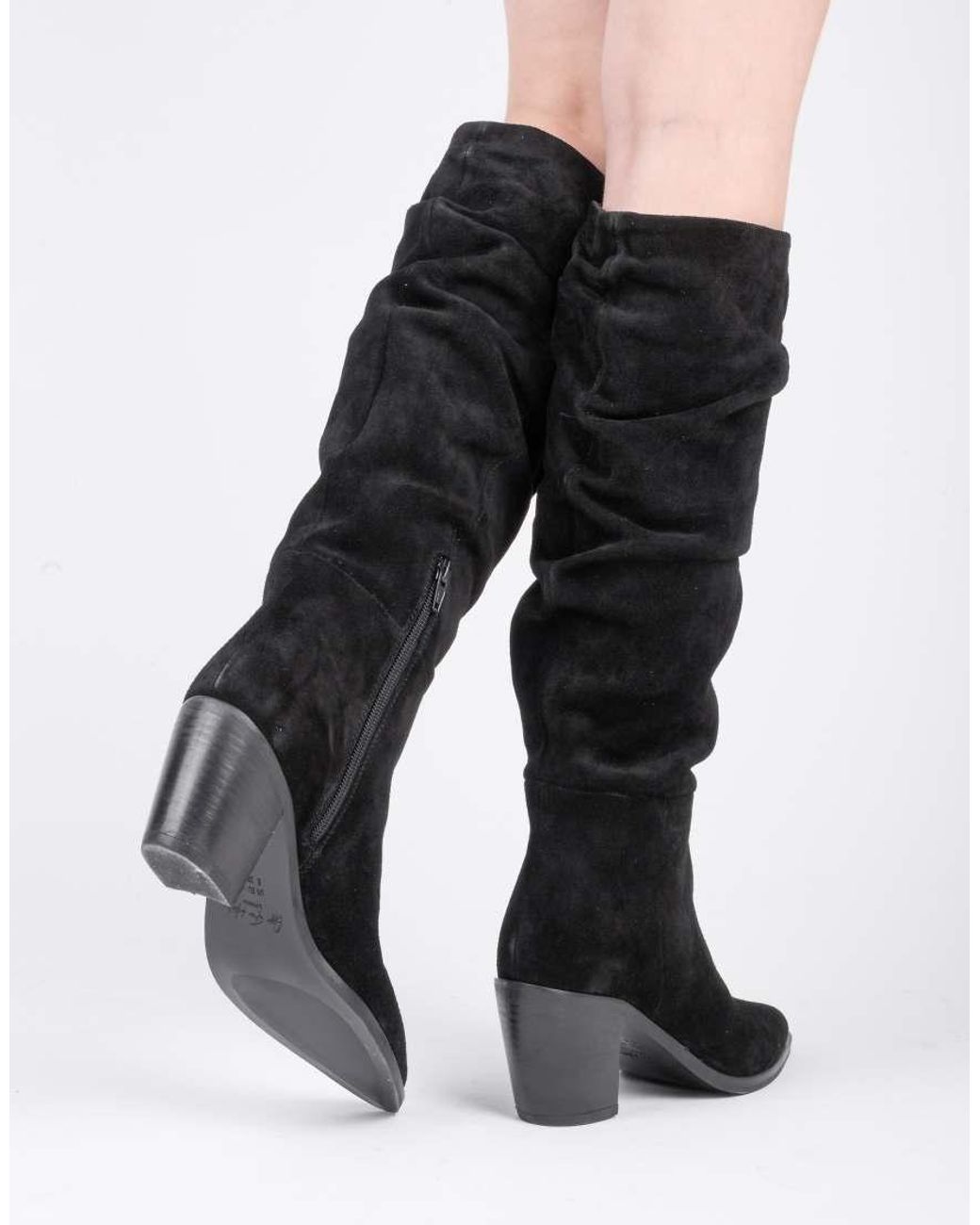 OFF THE HOOK Black Muswell Suede Leather Slouchy Knee-High Block Heel Boots