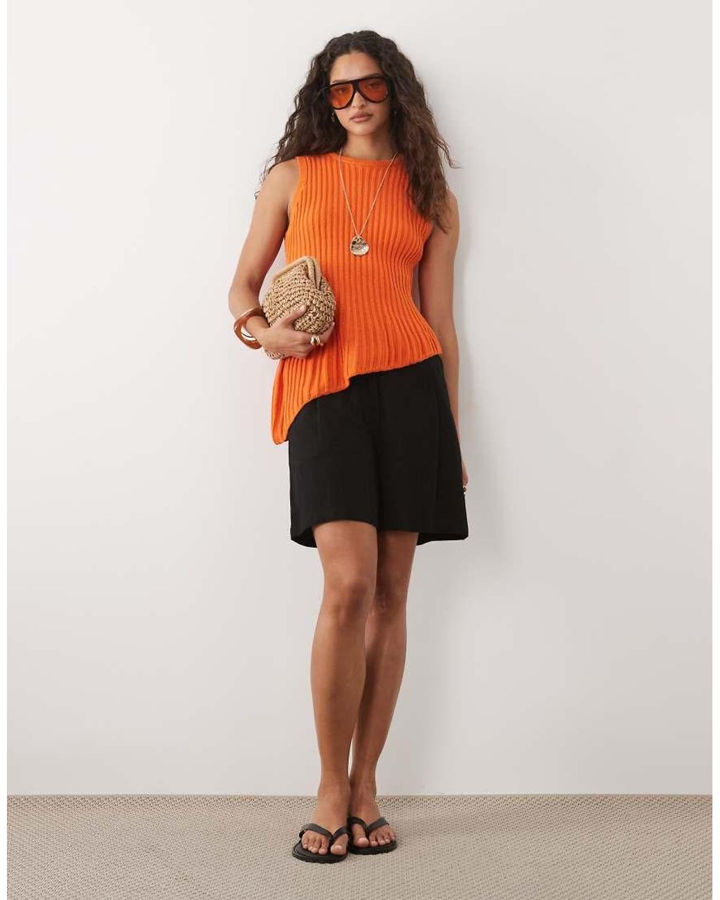 ASOS Orange Knit Cinched Pleated Asymmetric Top