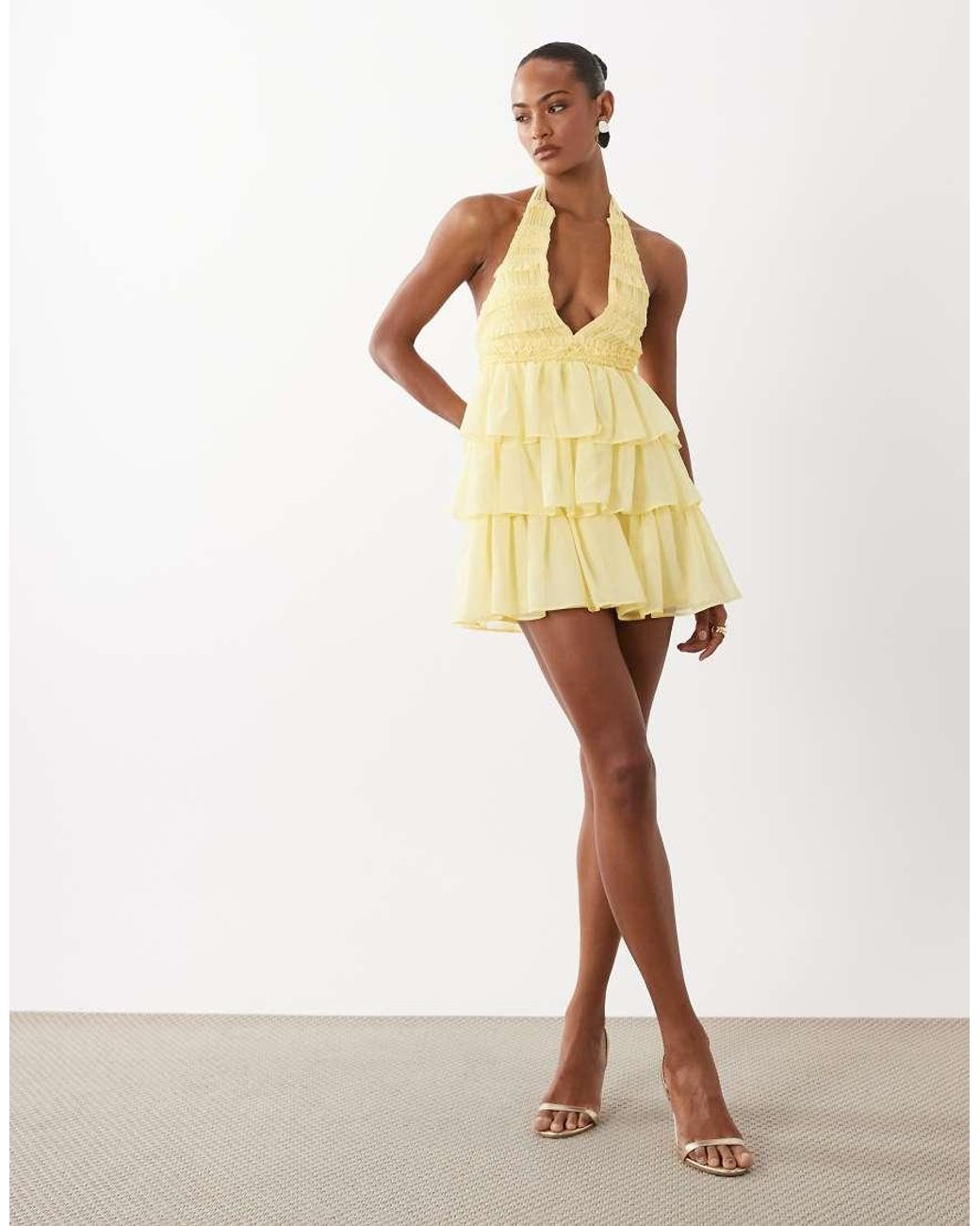 TFNC London Yellow Shirred Chiffon Halter Neck Ruffle Mini Dress