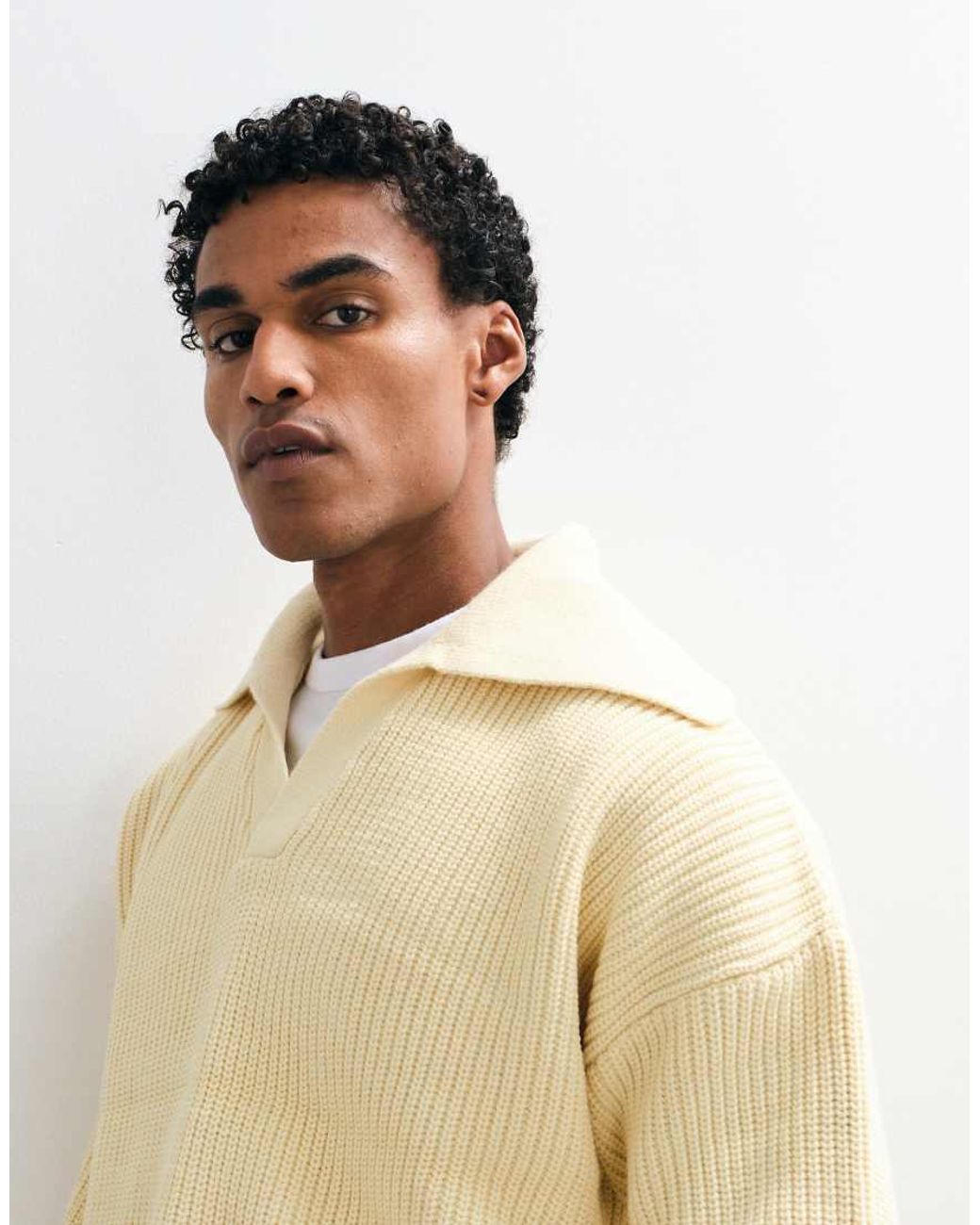 ASOS Natural Oversized Knitted Extreme Open Collar Polo Jumper for men