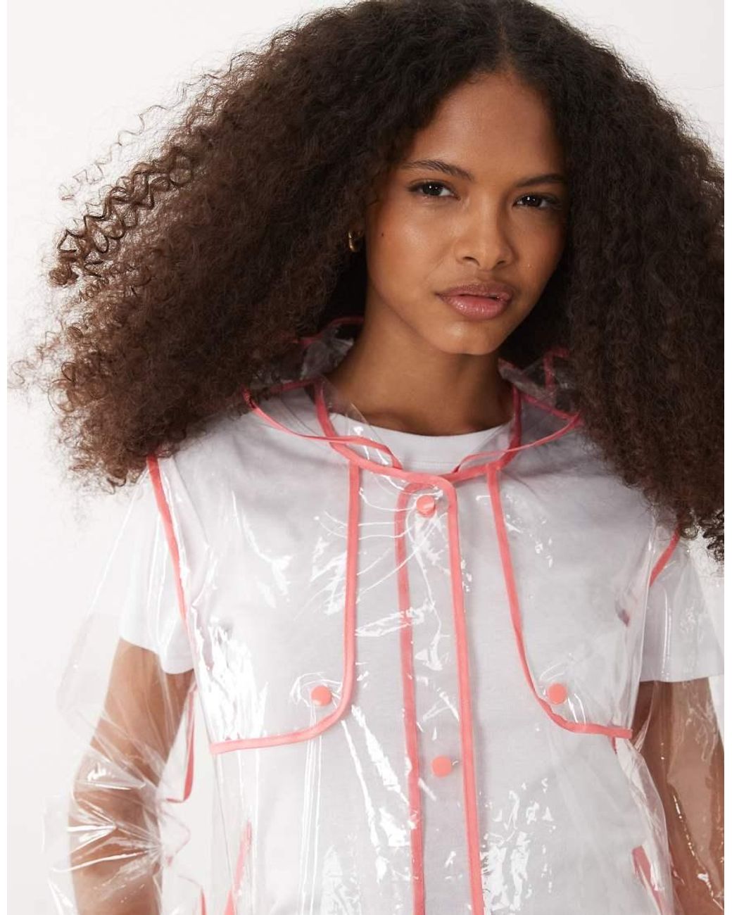 Brave Soul White Clear Festival Rain Mac With Pink Seam Detail