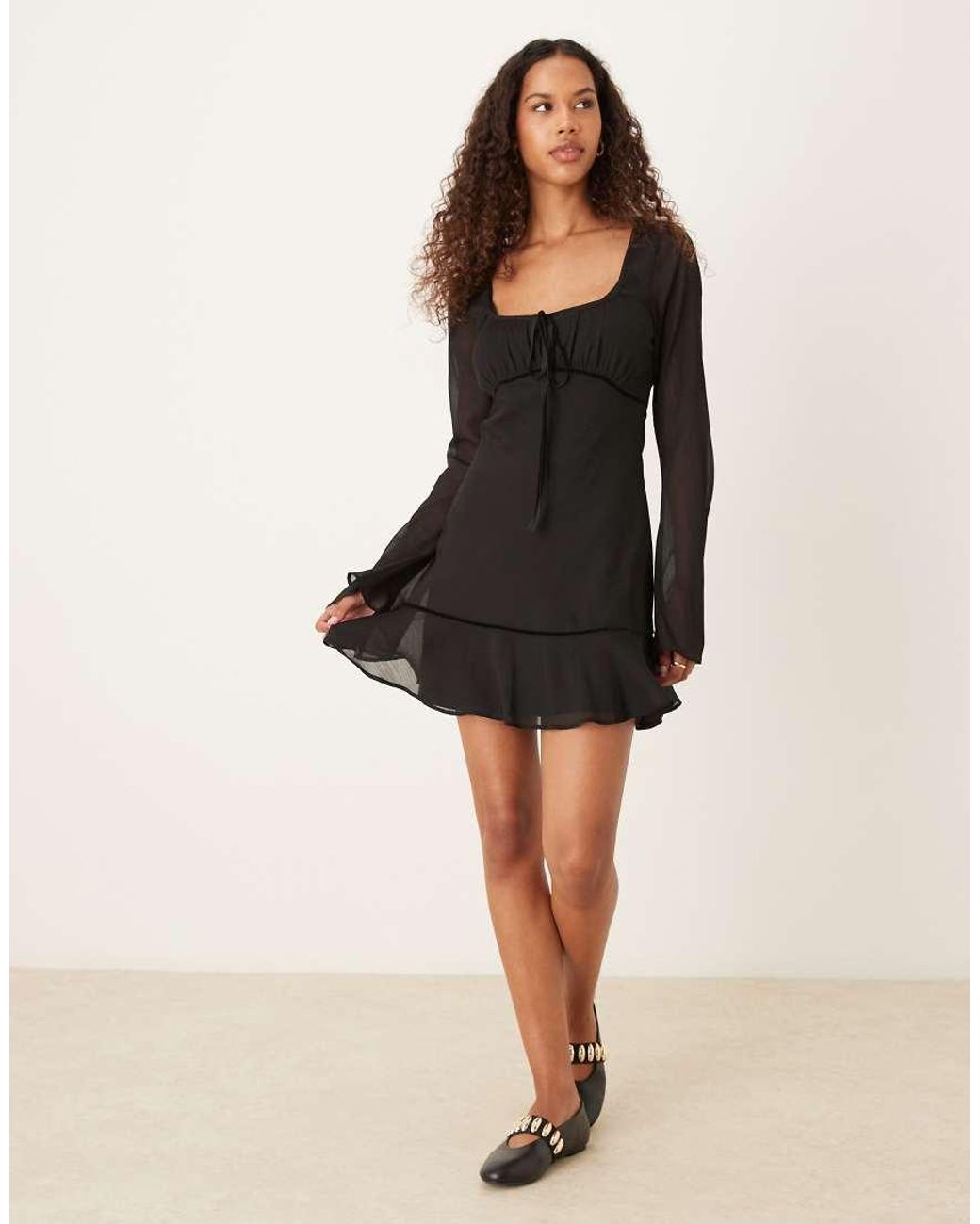 ASOS Black Ruched Bust Scoop Long Sleeve Mini Dress