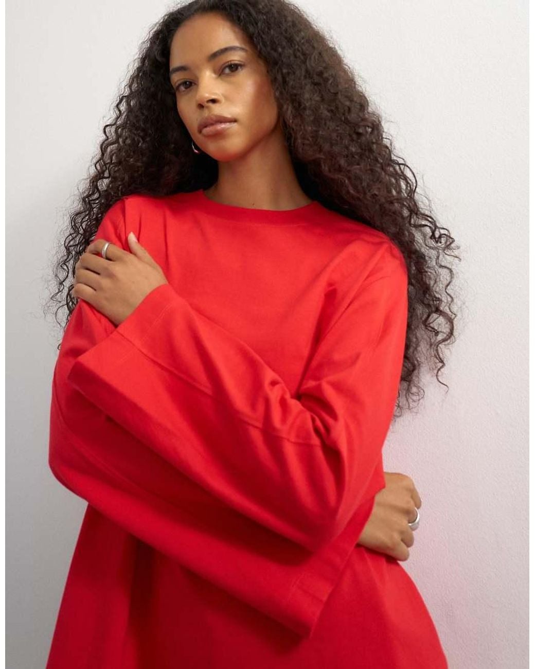 TOPSHOP Red Seamed Detail Long Sleeve Skater Top