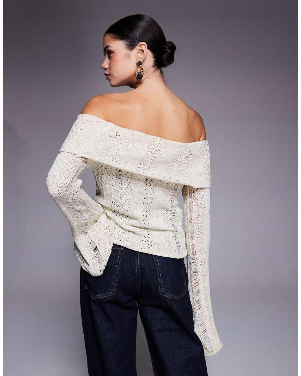 Edikted Blue Renna Distressed Fold Over Knit Top
