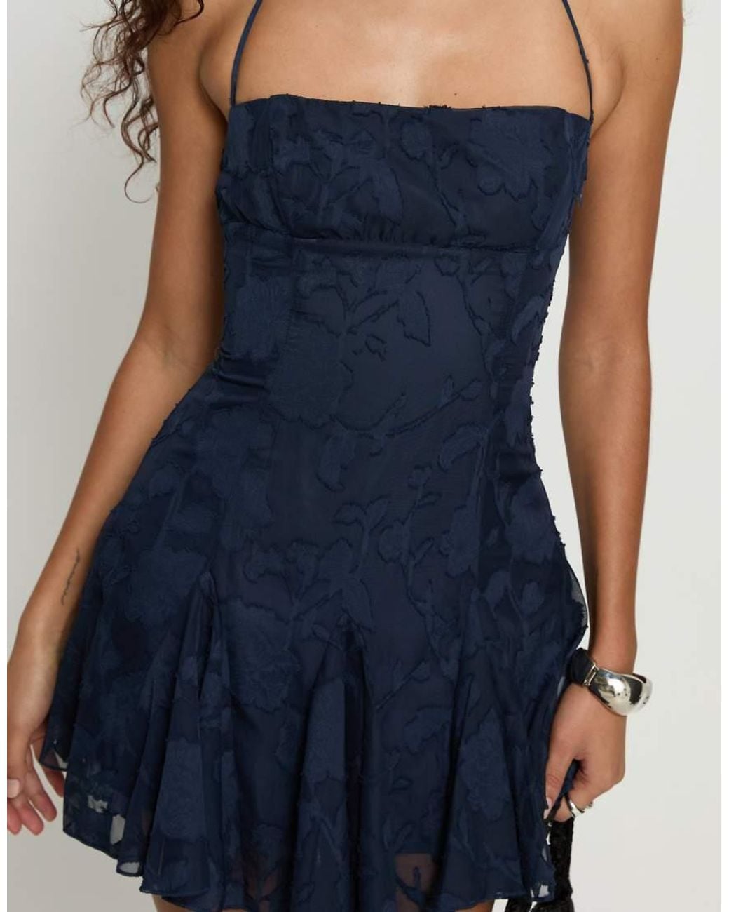 Princess Polly Blue Delamere Floral Burnout Thin Strap Halter Neck Pleat Detail Mini Dress