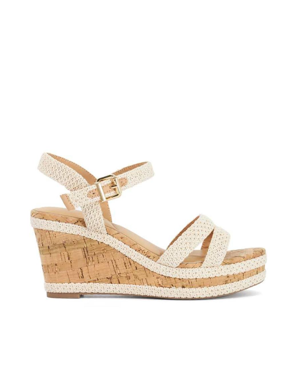 Dune Metallic Kipling Cork Wedge Sandals