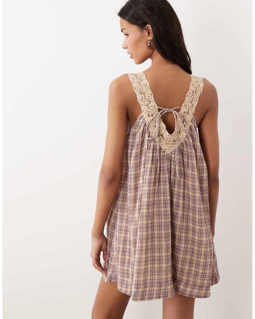 ASOS Brown V Neck Smock Poplin Mini Sundress With Tea Stained Lace Overlay