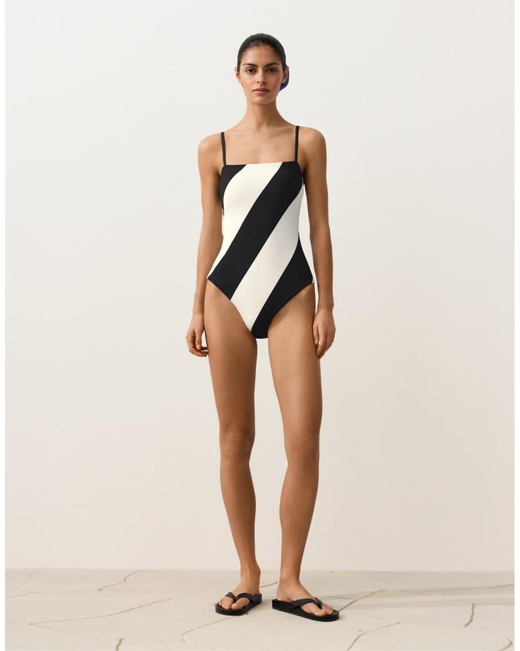 Oysho Black Diagonal Stripe Piqué Bandeau Swimsuit