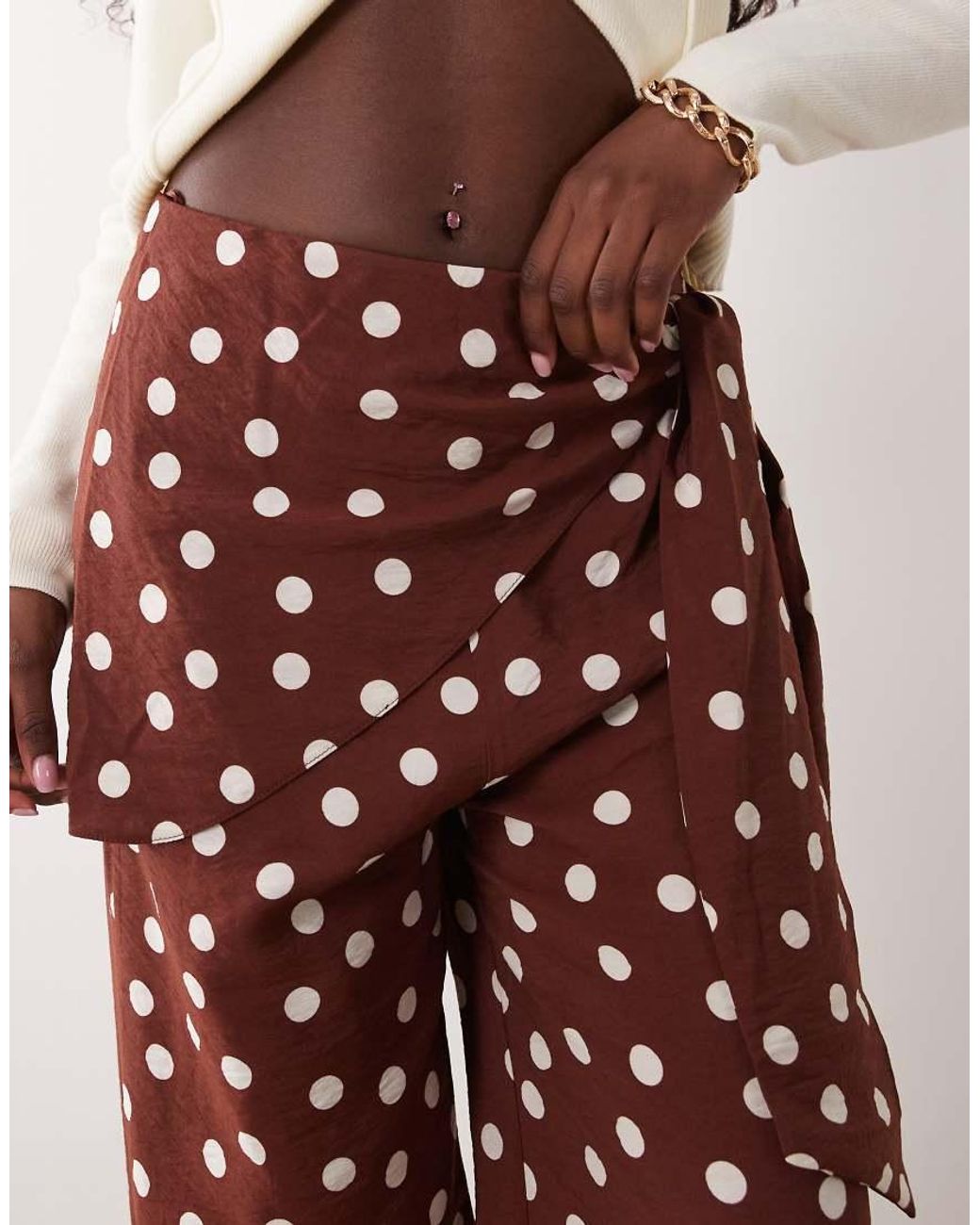 New Look Brown Polka Dot Tie Waist Wide Leg Trousers