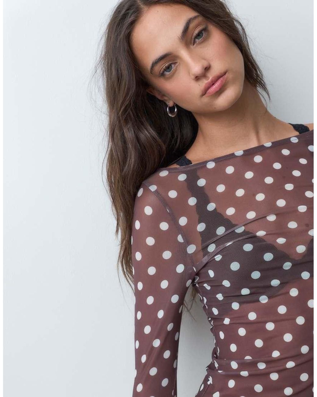 New Look Brown Long Sleeve Slash Neck Mesh Top