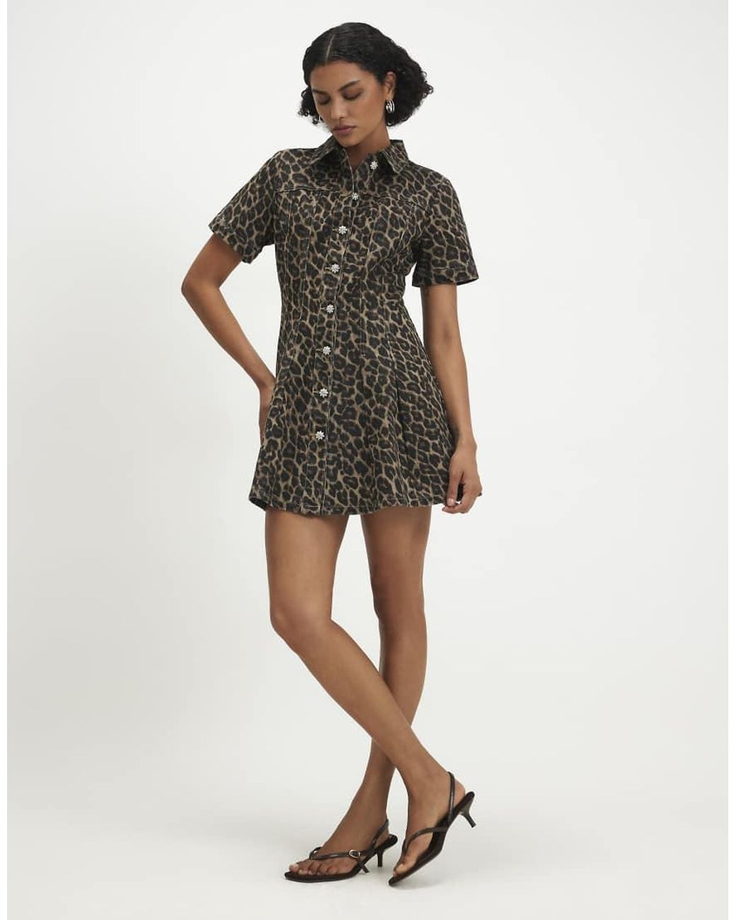 River Island Brown Leopard Print Pleat Front Denim Dress