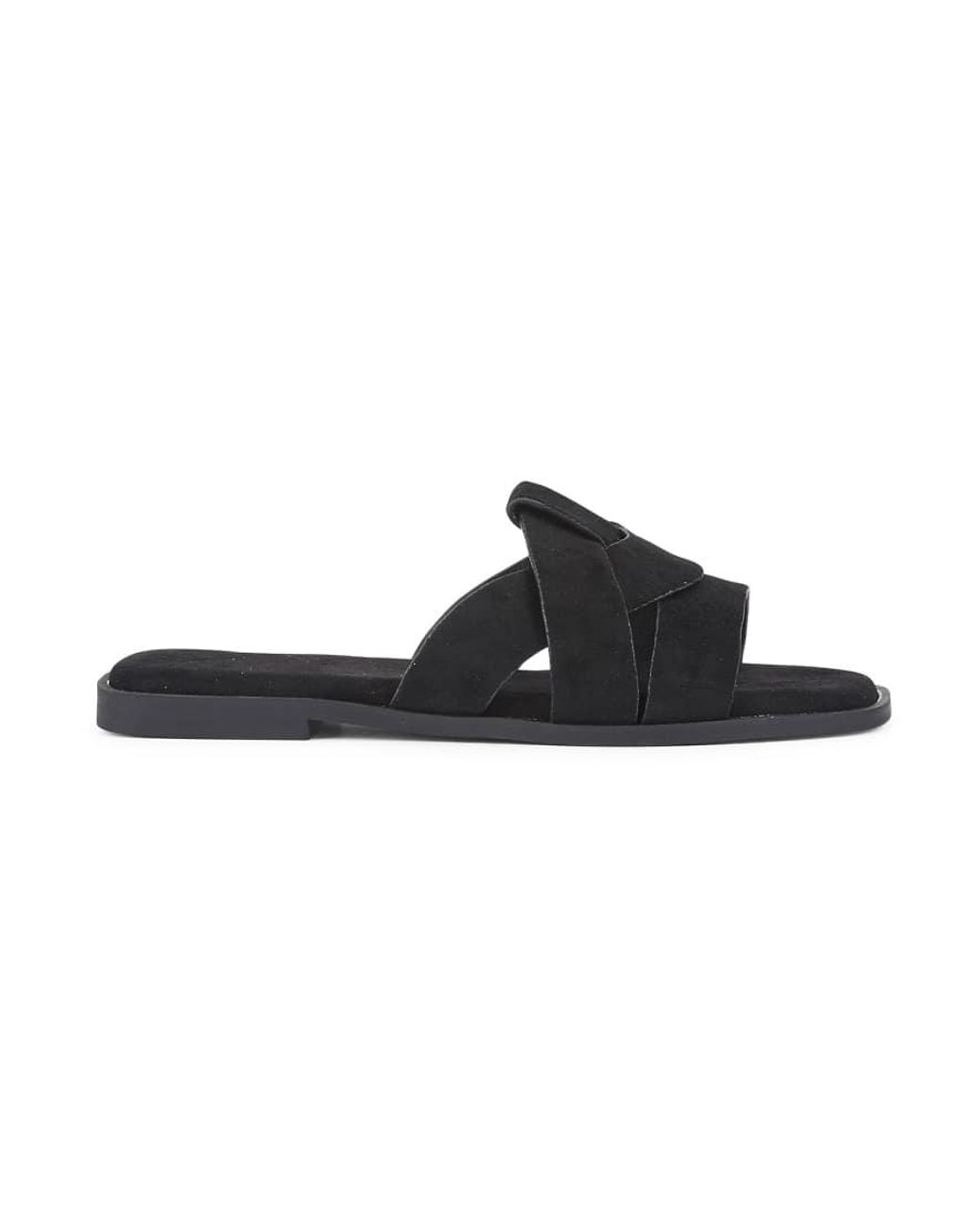 SEQWL Wide Fit Black Flat Mules Minimalist Slides With Crossover Strap Detail