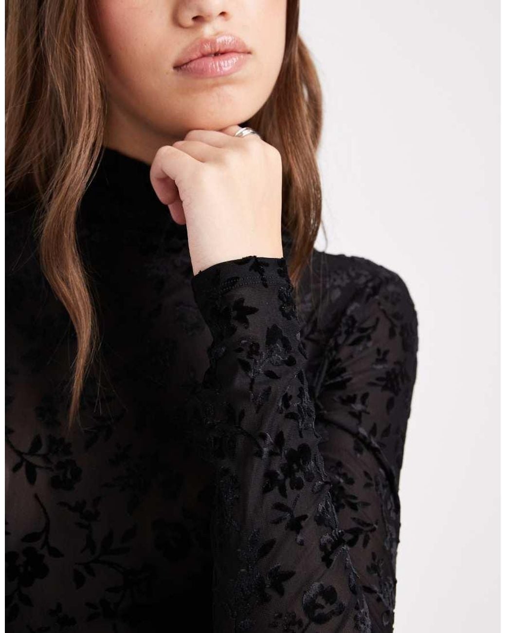 Miss Selfridge Black Devore High Neck Bodysuit