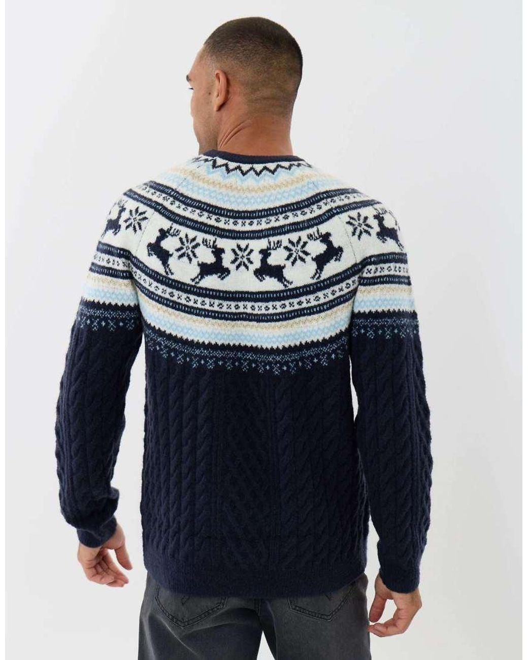 Threadbare Blue Reindeer Fairisle Cable Knit Christmas Jumper for men