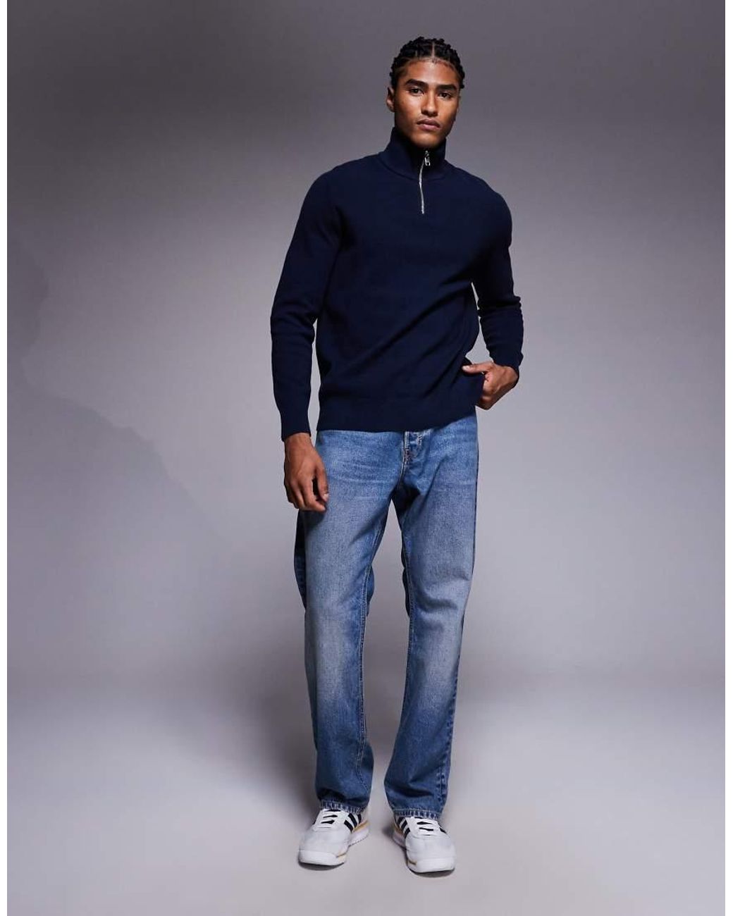 ASOS Blue Relaxed Knitted Half Zip Jumper for men