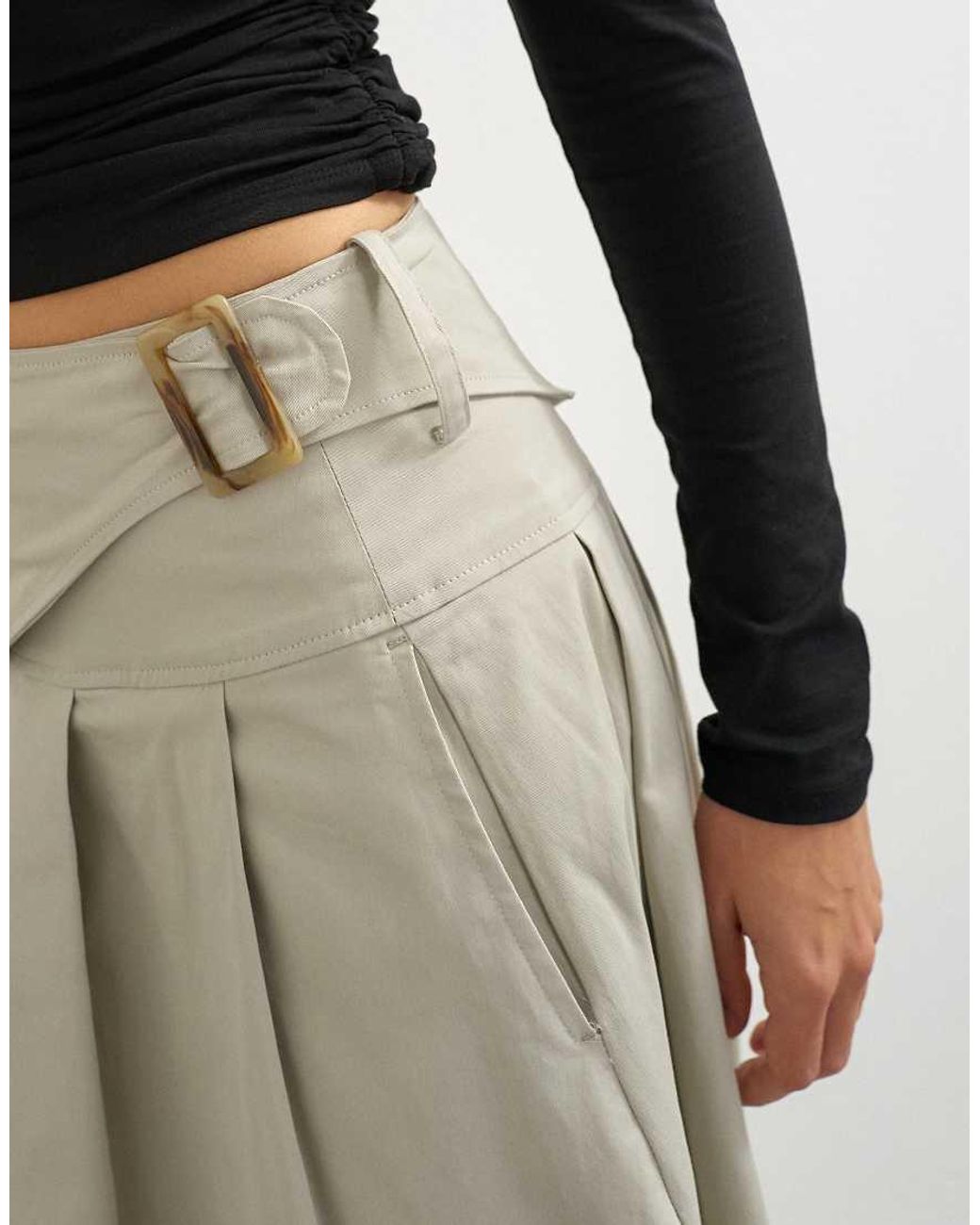 TOPSHOP Natural Twill Pleated Midi Skirt With Belt Detail