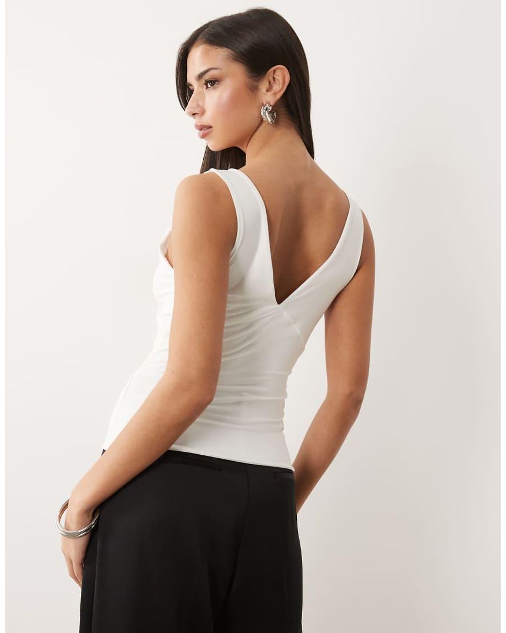 Fashionkilla White Exclusive Double Sculpted Slinky Lace Trim V Neck Vest Top