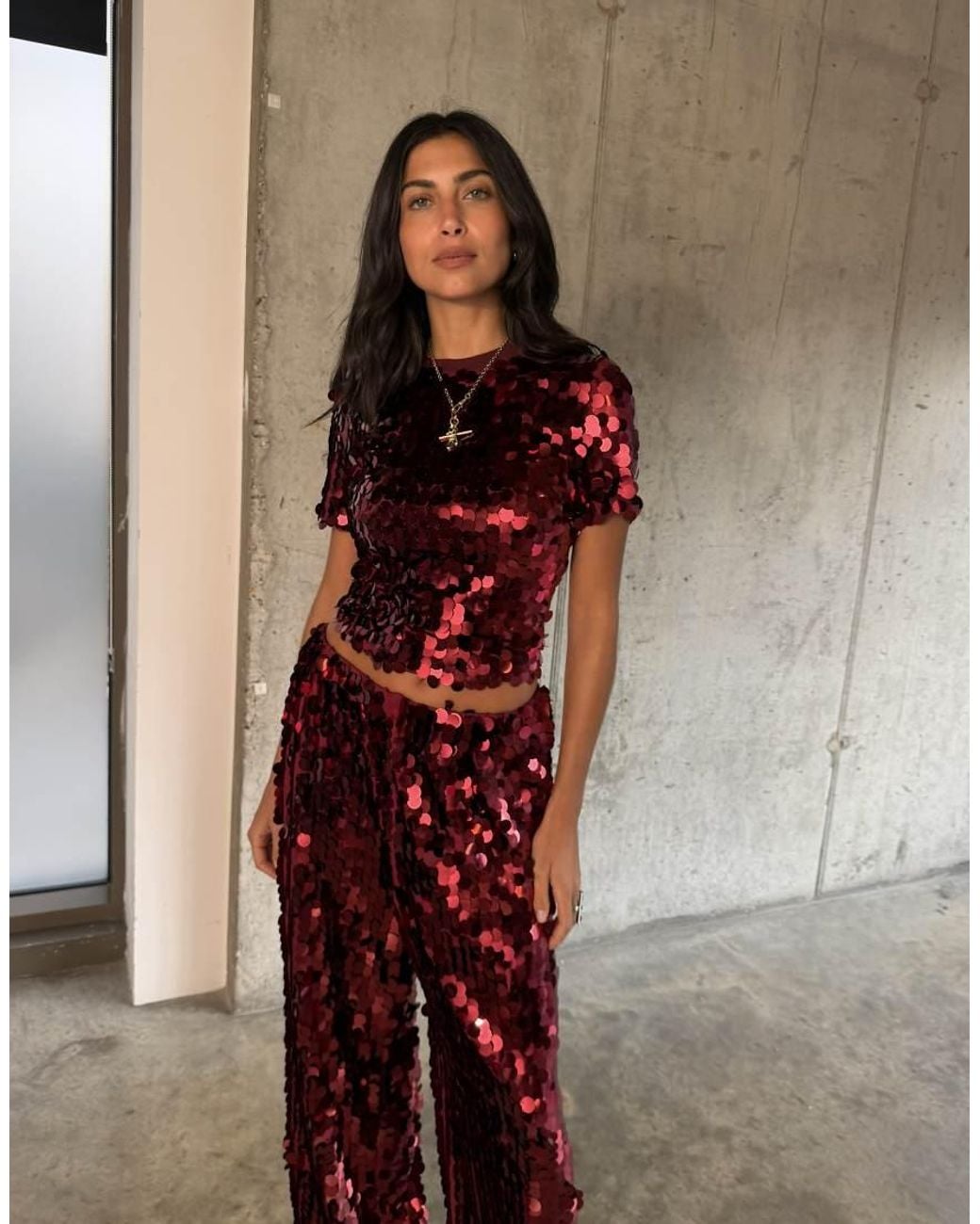 Never Fully Dressed Red Sequin Short Sleeve Crop T-Shirt Co-Ord