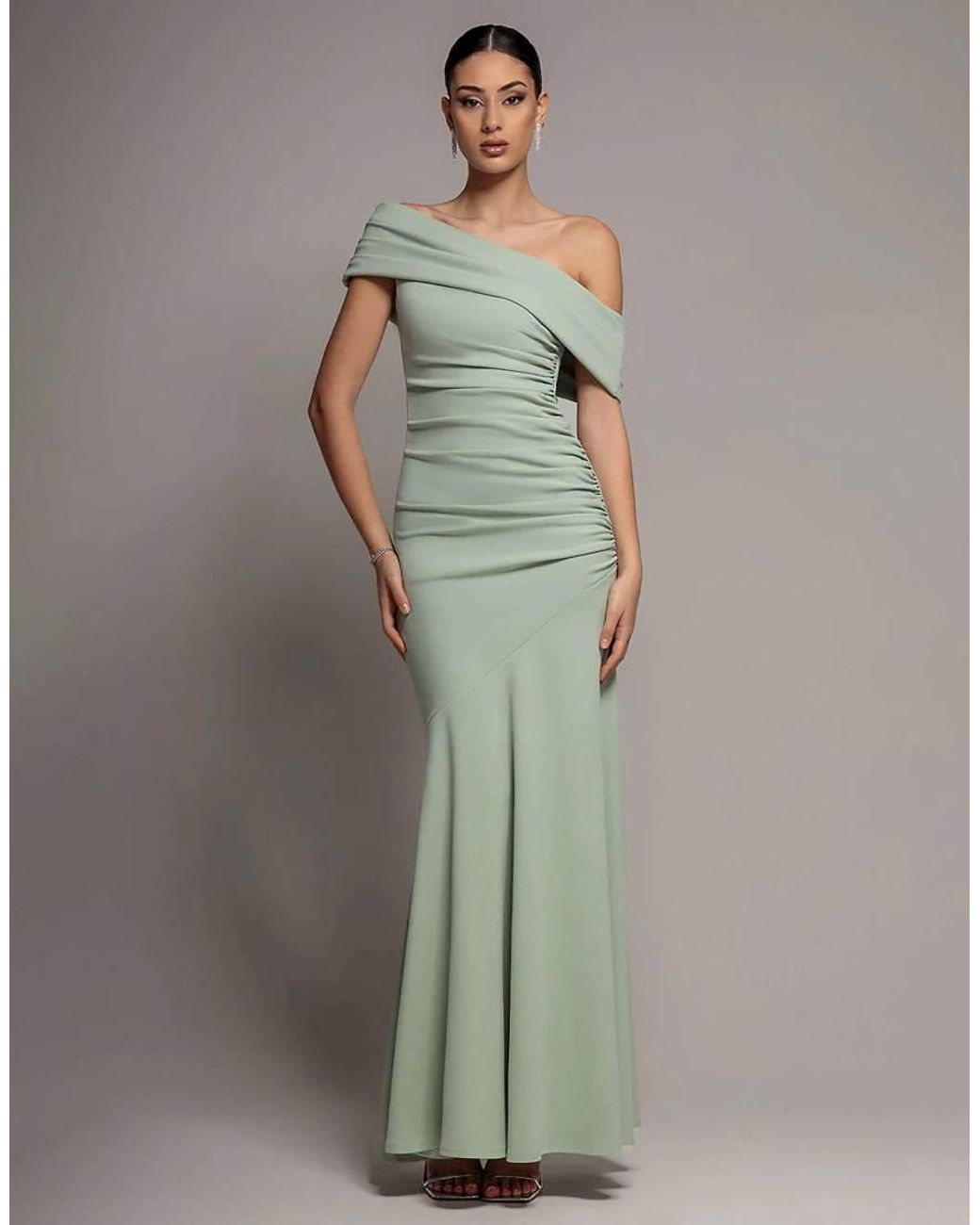 Goddiva Green Pleated One Shoulder Bardot Fit And Flare Maxi Dress