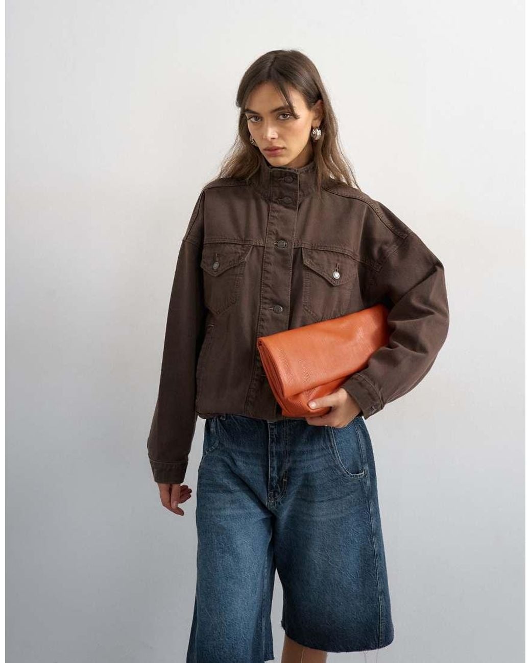 TOPSHOP Brown Denim Funnel Neck Jacket With Waist Detail