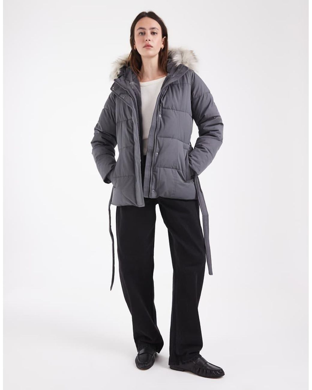 Hollister Gray Belted Puffer Jacket With Fur Hood