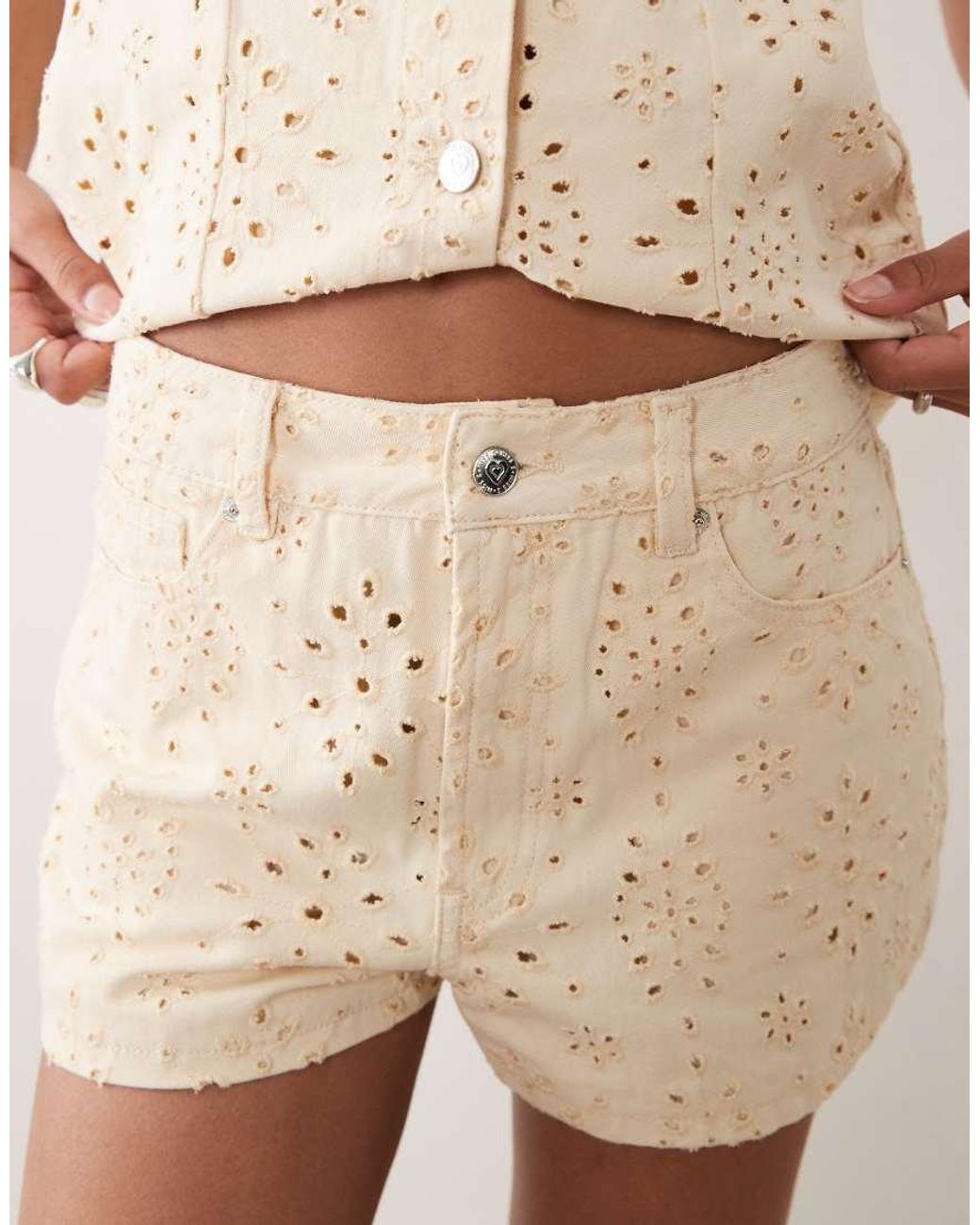 Miss Selfridge Natural Broderie Denim Shorts