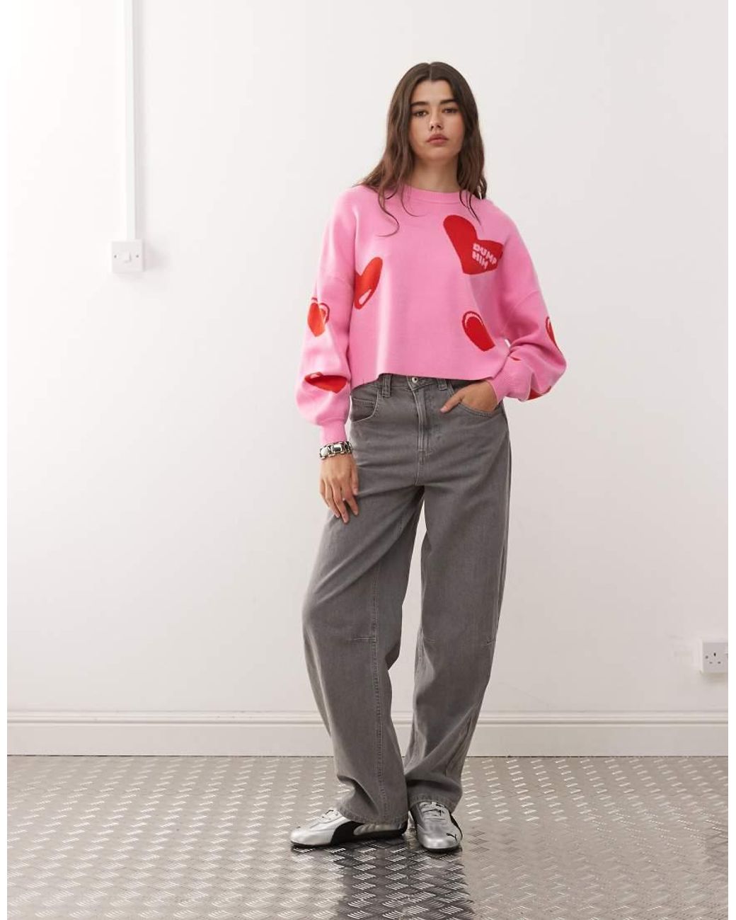 Noisy May Pink Red Heart Knit Jumper With Dump Him