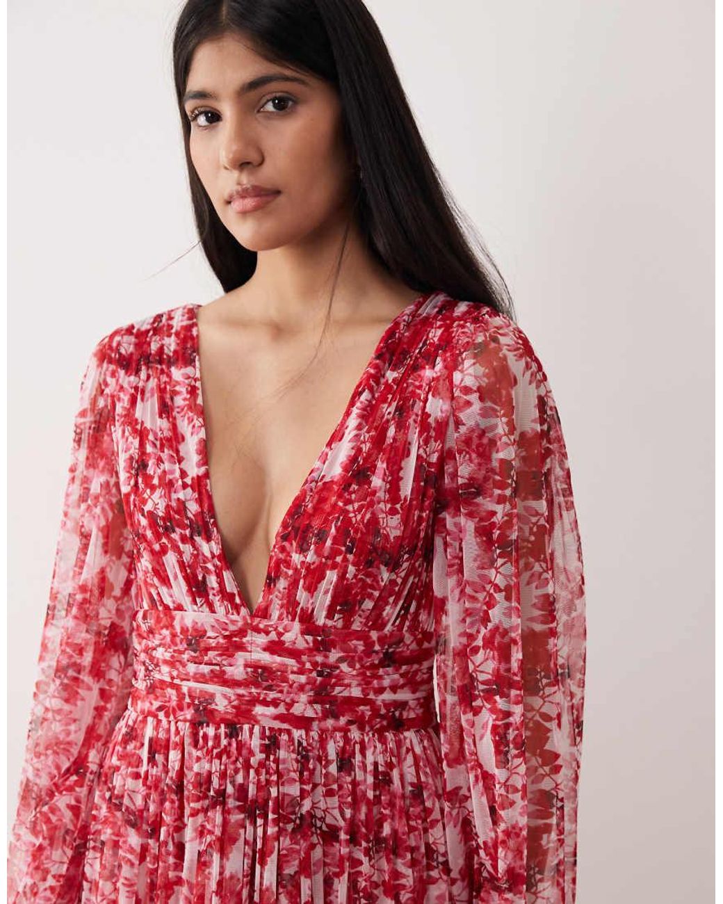 LACE & BEADS Red Deep V-neck Sheer Bell Sleeve Maxi Dress