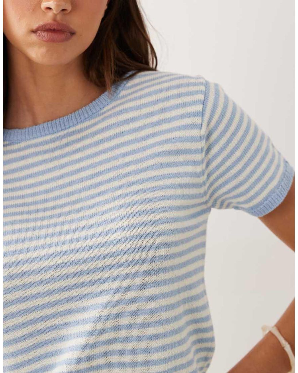 Mango Blue Cotton Rich Short Sleeve Knitted Top