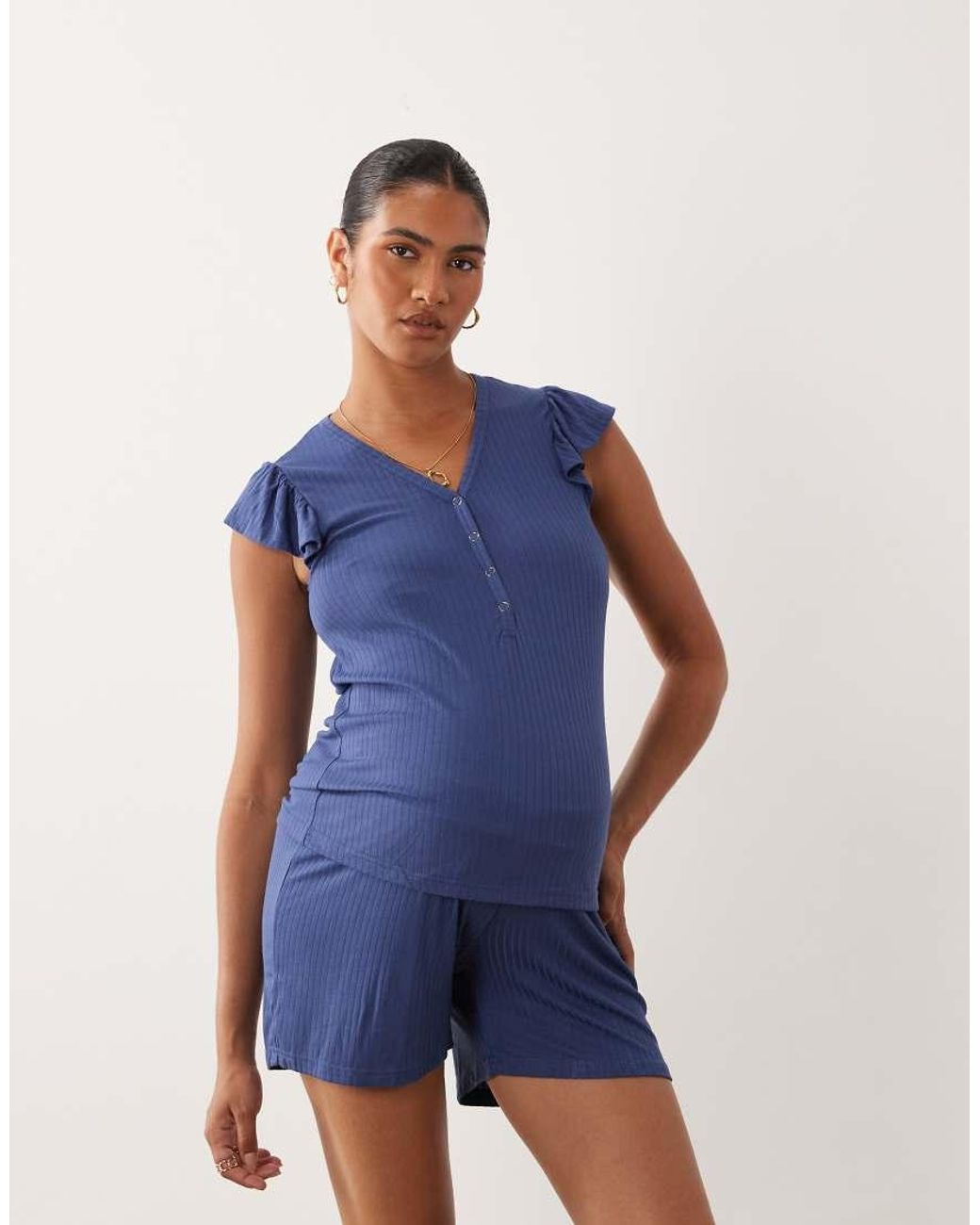 Mama.licious Blue Mamalicious Maternity Frill Sleeve Ribbed Jersey Top And Shorts Set