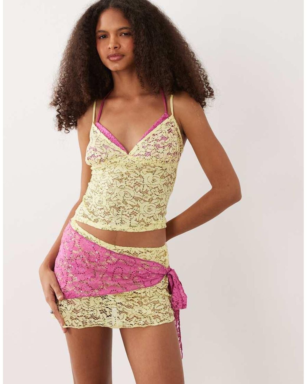 Motel Pink Sirna Lace Mini Skirt With Removable Belt