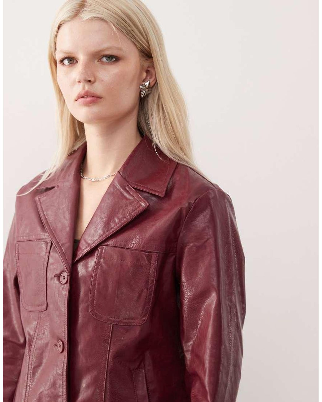 Reclaimed Vintage Red Washed Leather Look Slimmer Fit Blazer