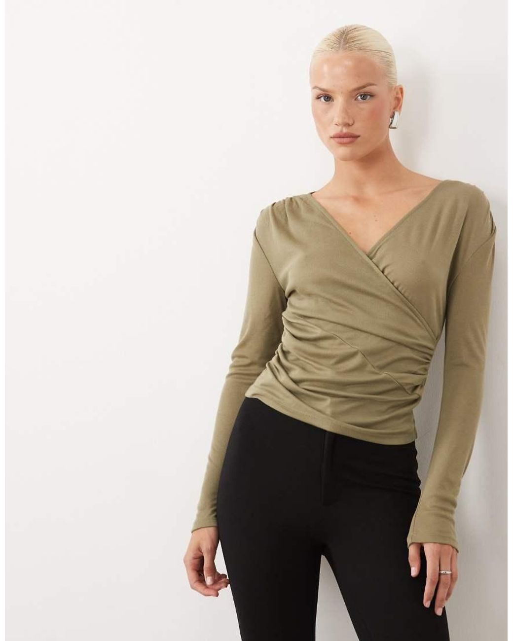 ASOS Green Soft Lightweight Jersey Draped Wrap Long Sleeve Top