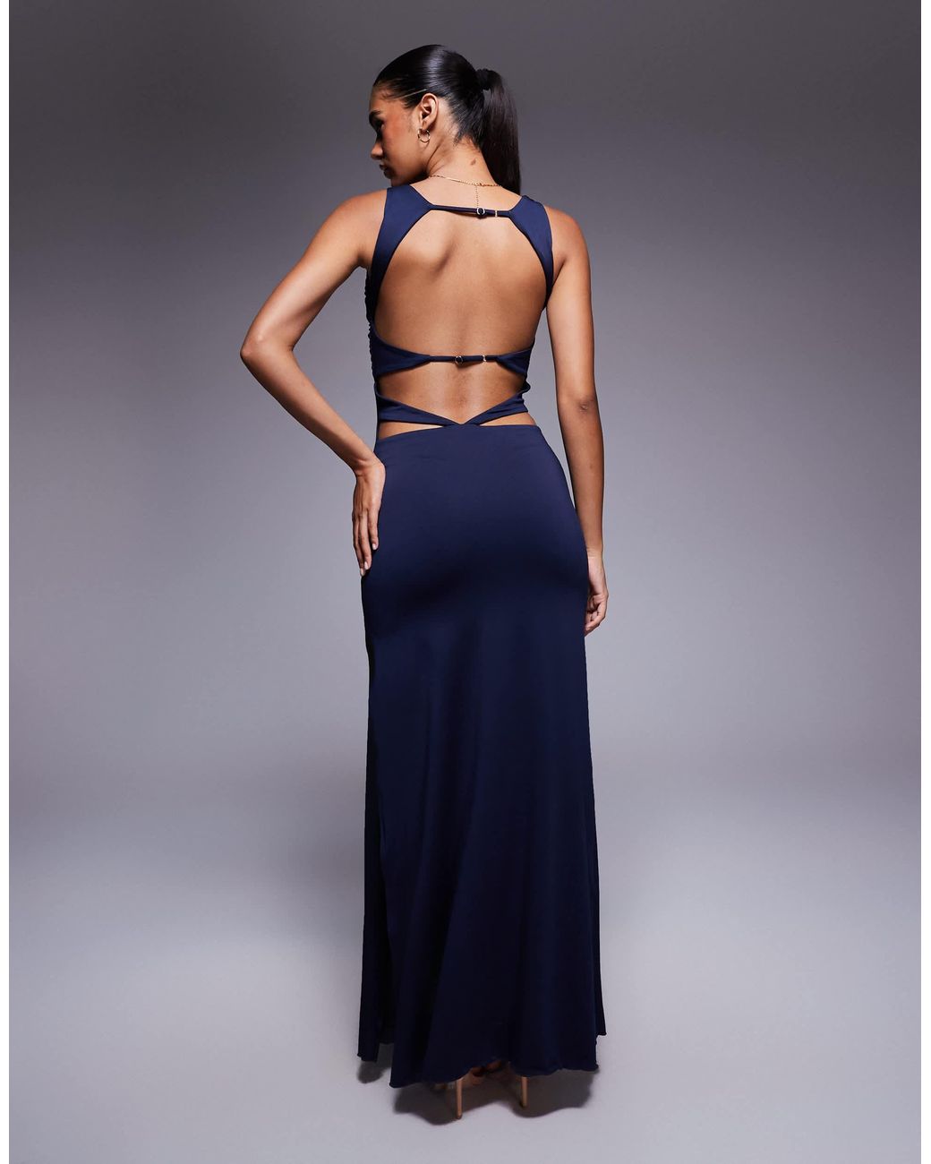 Princess Polly Undeniable Slinky Cut Out Open Back Detail Thigh Slit Maxi  Dress in Blue