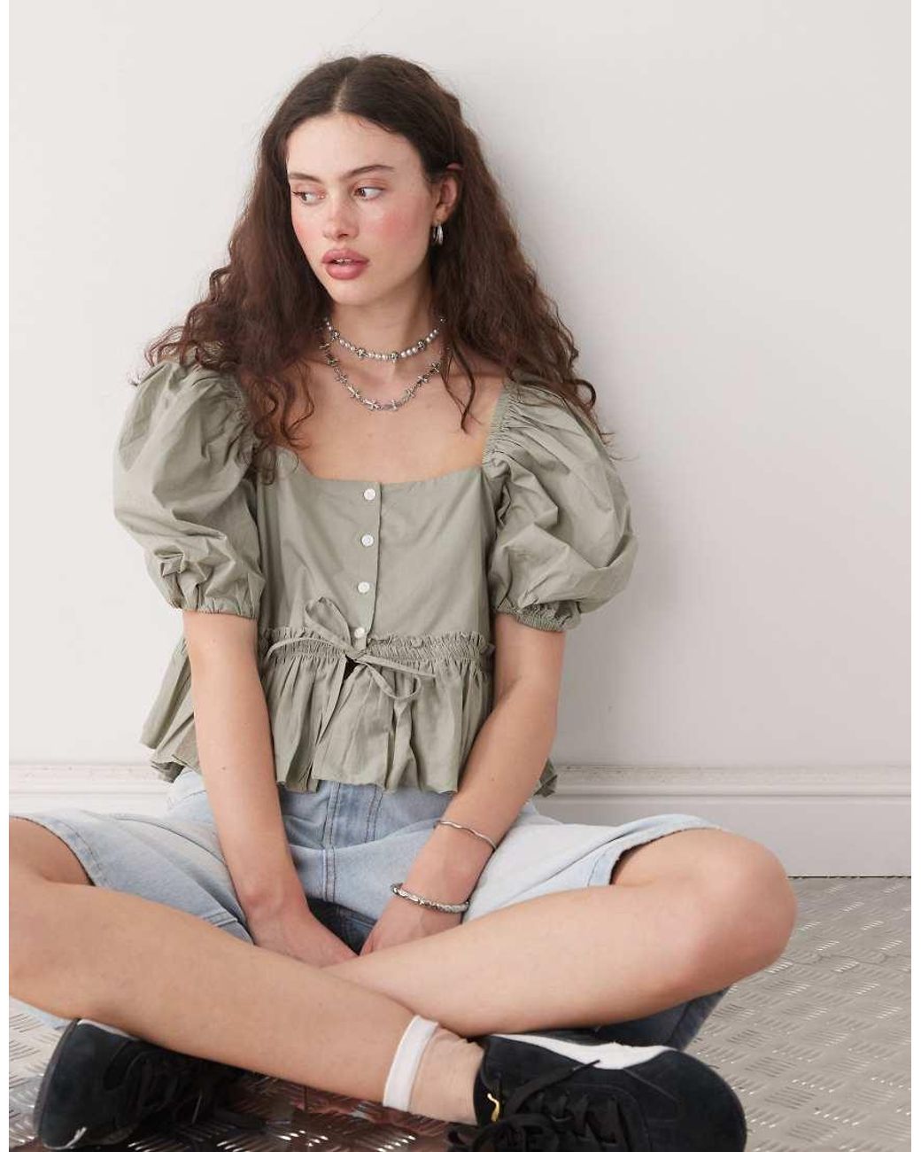 Monki Gray Puff Sleeve Milkmaid Peplum Blouse