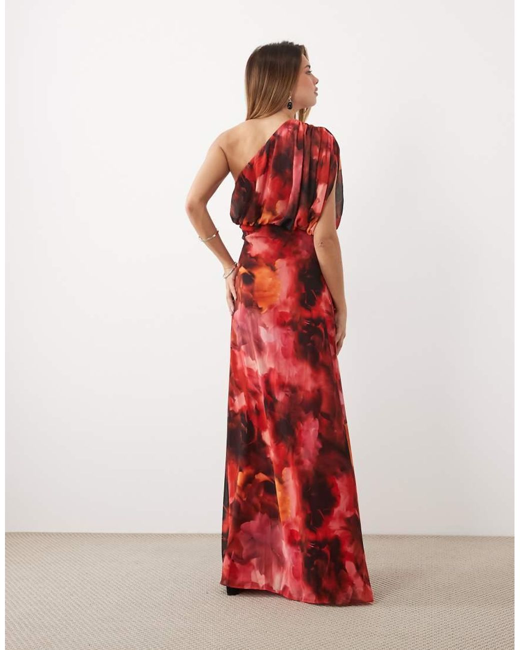 TFNC London Red Chiffon One Shoulder Draped Maxi Dress