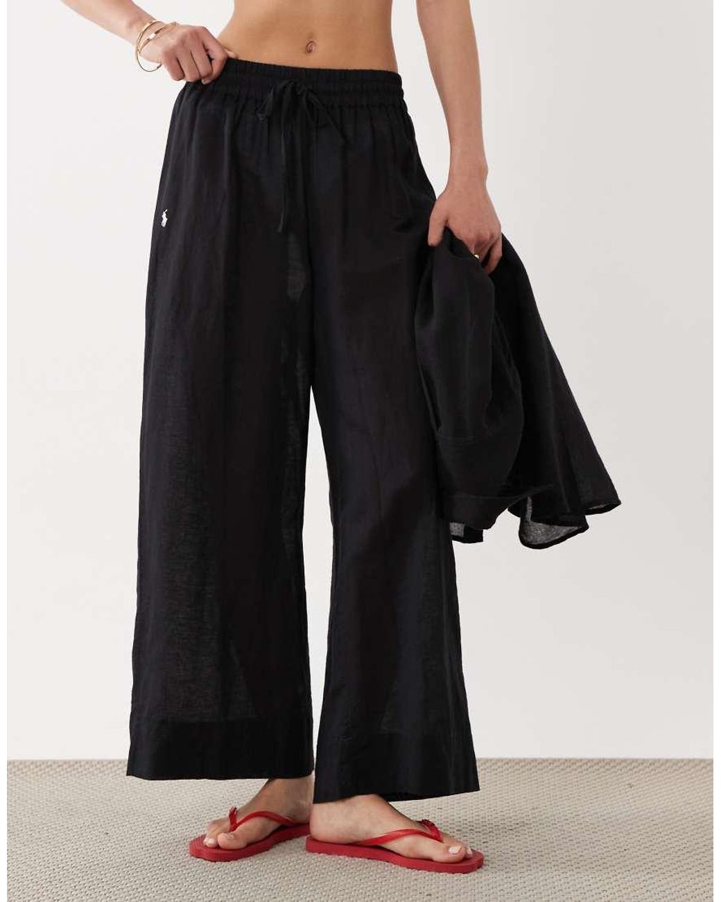 Polo Ralph Lauren Black Cotton Linen Smocked Pull On Pant Cover-Up