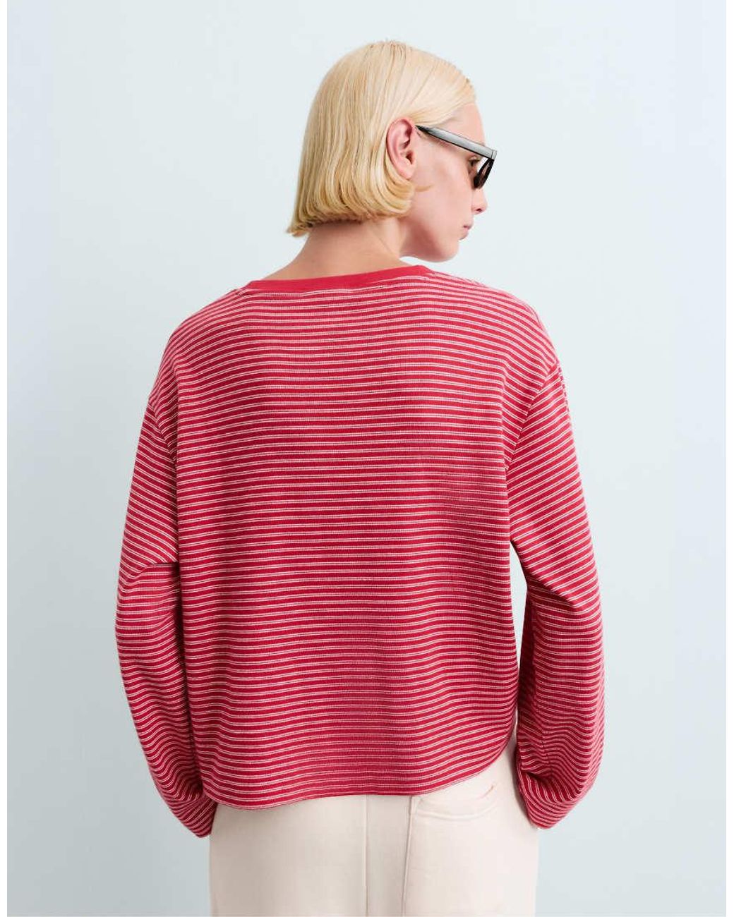 Oysho Red Striped Boxy Long-Sleeved Cotton-Blend T-Shirt