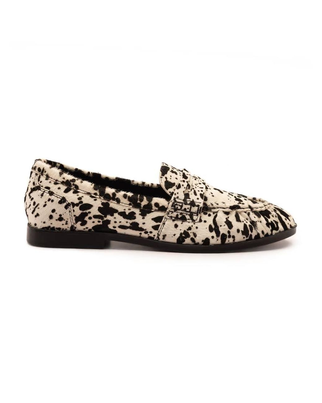 OFF THE HOOK Black Sienna Cow-Print Suede Leather Ruched Loafers