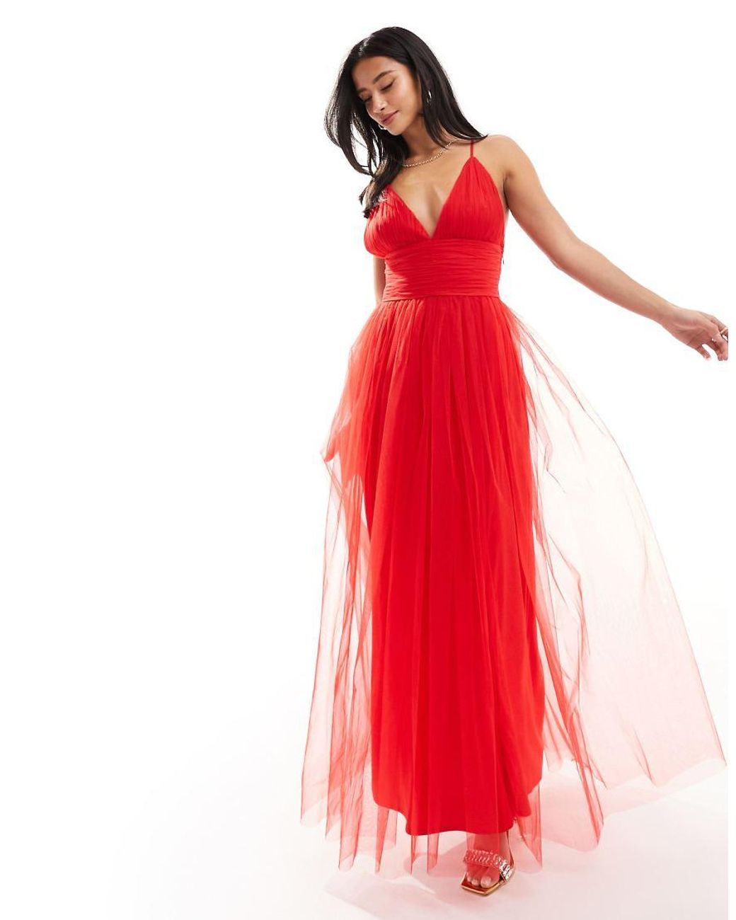 LACE & BEADS Red Cross Back Tulle Maxi Dress