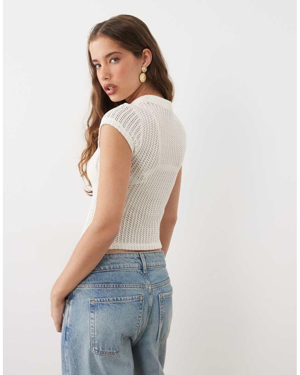 ASOS White Cap Sleeve Mandarian Style Crochet Top