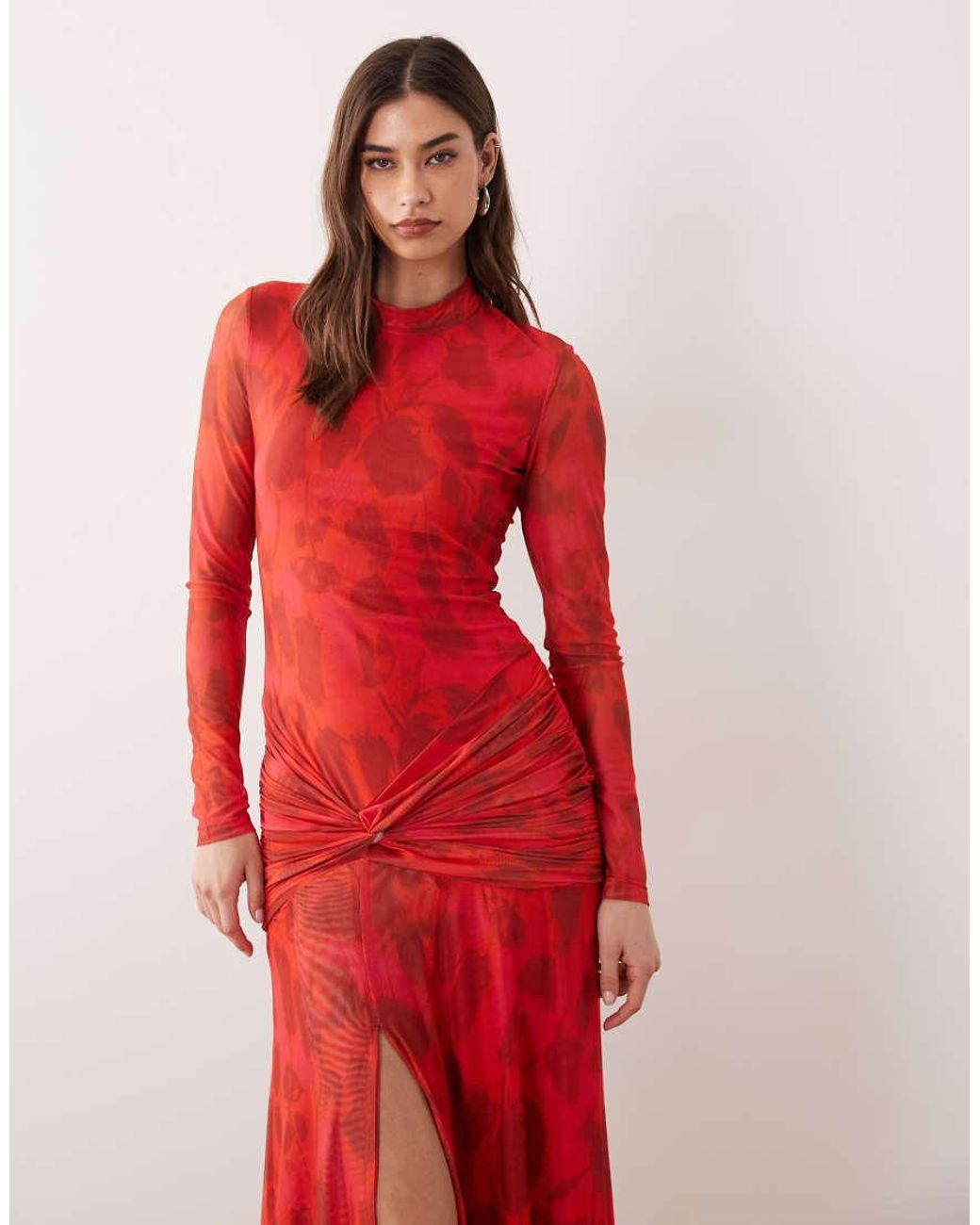 Bardot Red Lea Mesh Long Sleeve Ruched Waist Slit Front Maxi Dress