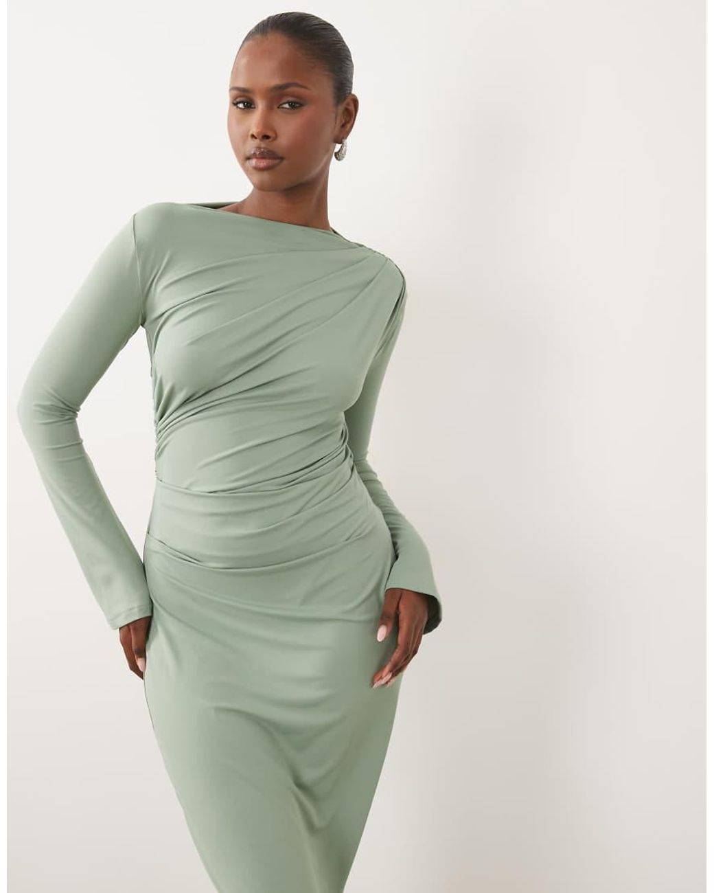 ASOS Green Asymmetric Drape Slash Neck Maxi Dress