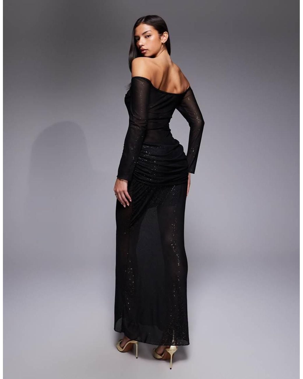 Fashionkilla Multicolor Glitter Mesh Long Sleeve Sheer Insert Ruched Detail Maxi Dress