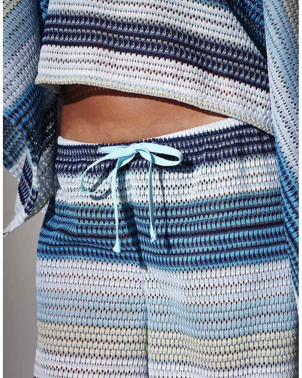 South Beach Blue Crochet Striped Wide Leg Trousers