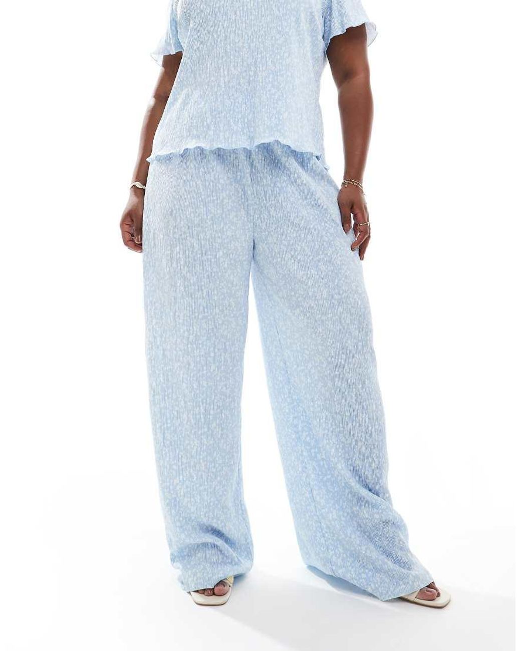 Pieces Plus Blue Pieces Curve Mini Plisse Wide Leg Trouser Co-Ord