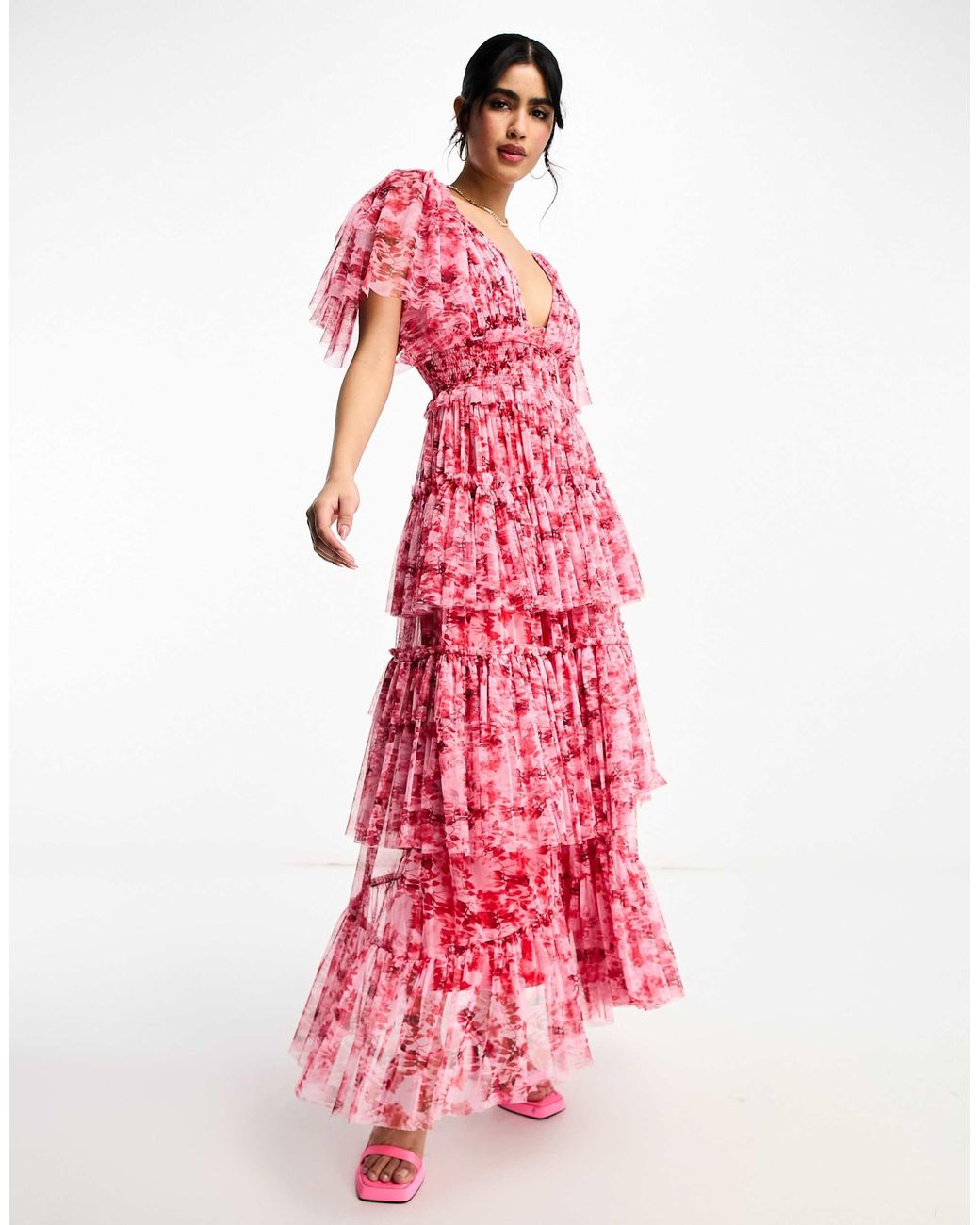 beverly Splicing ruffle silk maxi dress in apricot