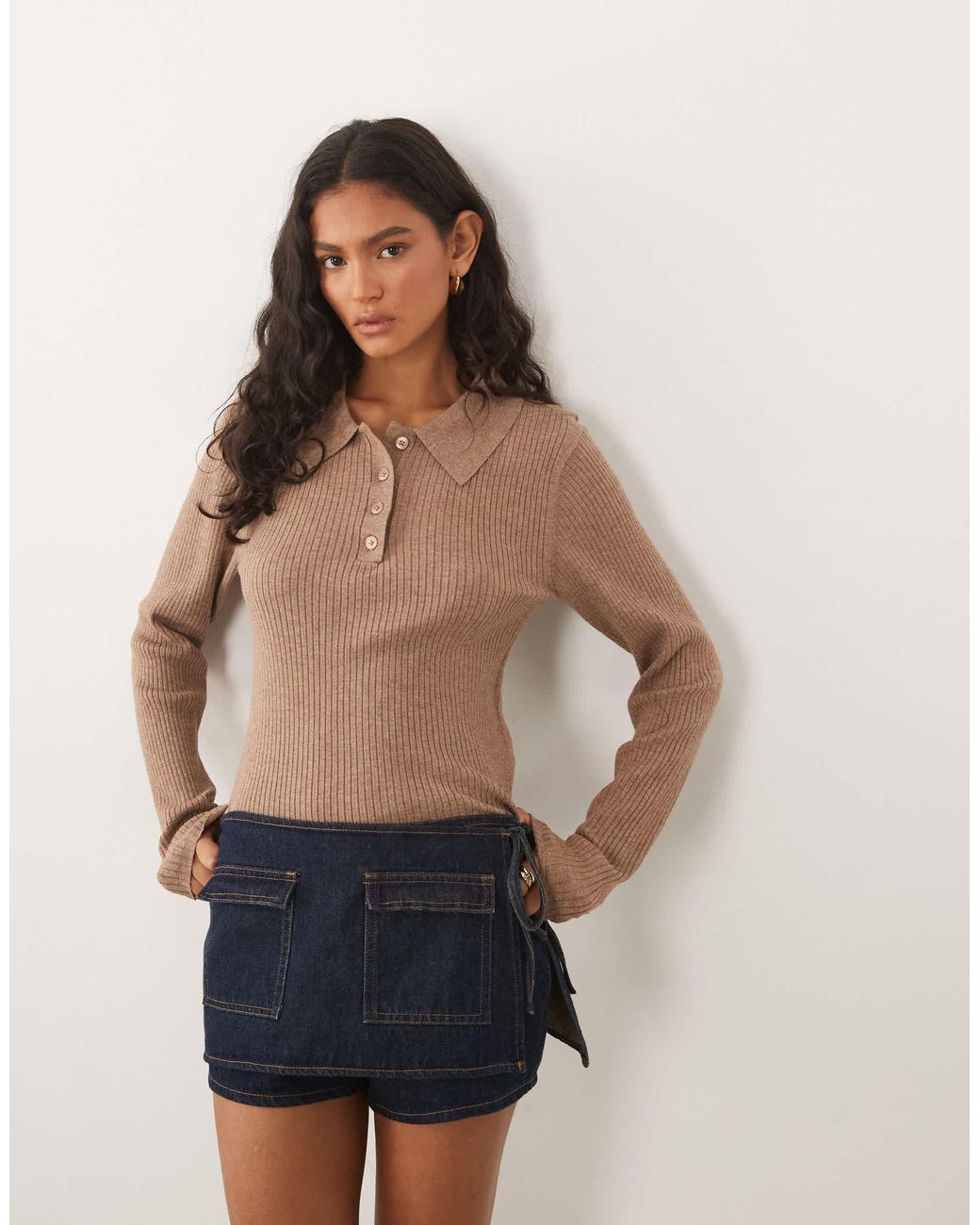 Threadbare Brown Long Sleeve Knit Polo Top