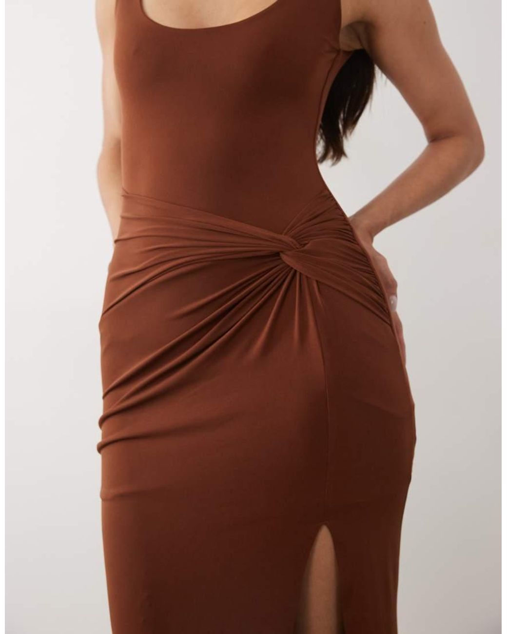 TFNC London Brown Slinky Scoop Neck Knot Detail Split Maxi Dress