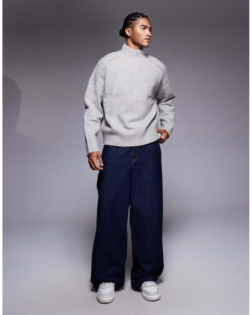 ASOS Gray Super Oversized Knit Wool Blend Funnel Neck Sweater for men